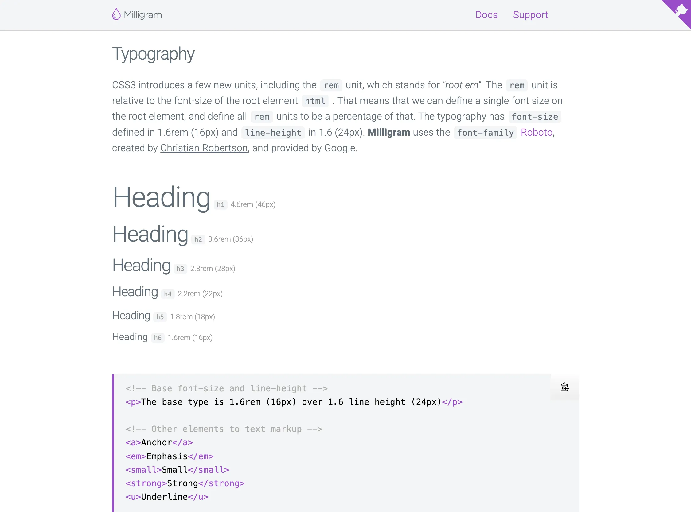 Page d'accueil Milligram