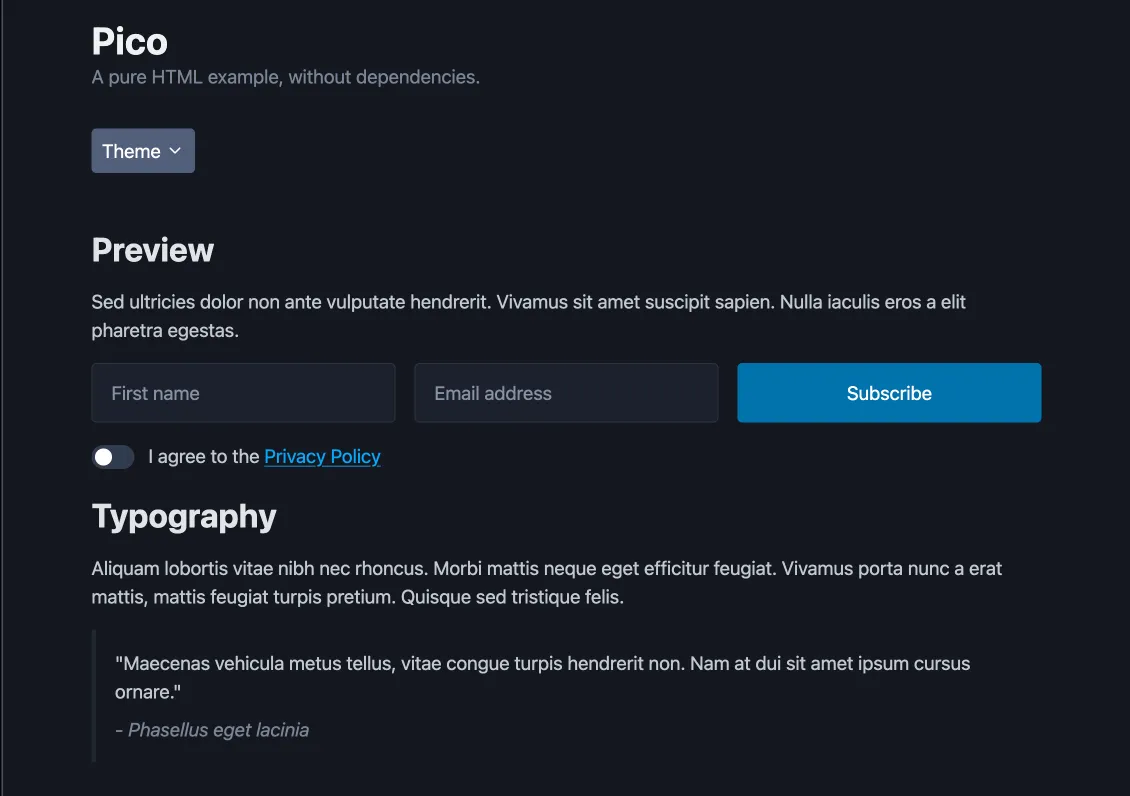 Page d'accueil de PicoCSS