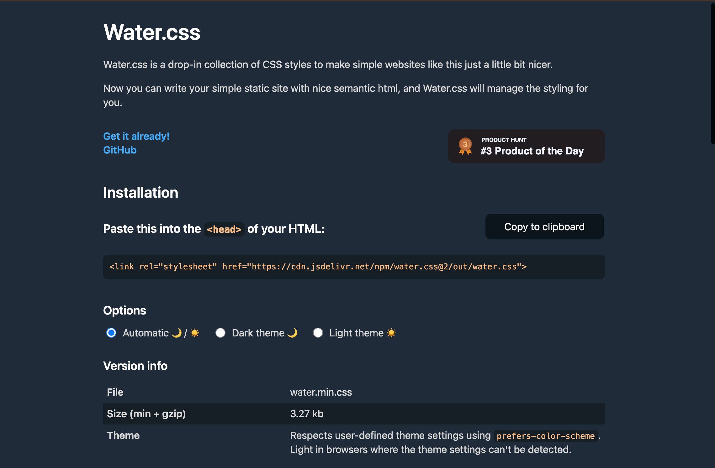 Page d'accueil de water.css